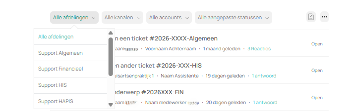 Weergave van de filterinstellingen in het supportportaal. De dropdown "Afdelingen" toont beschikbare selectieopties om tickets te filteren per afdeling.