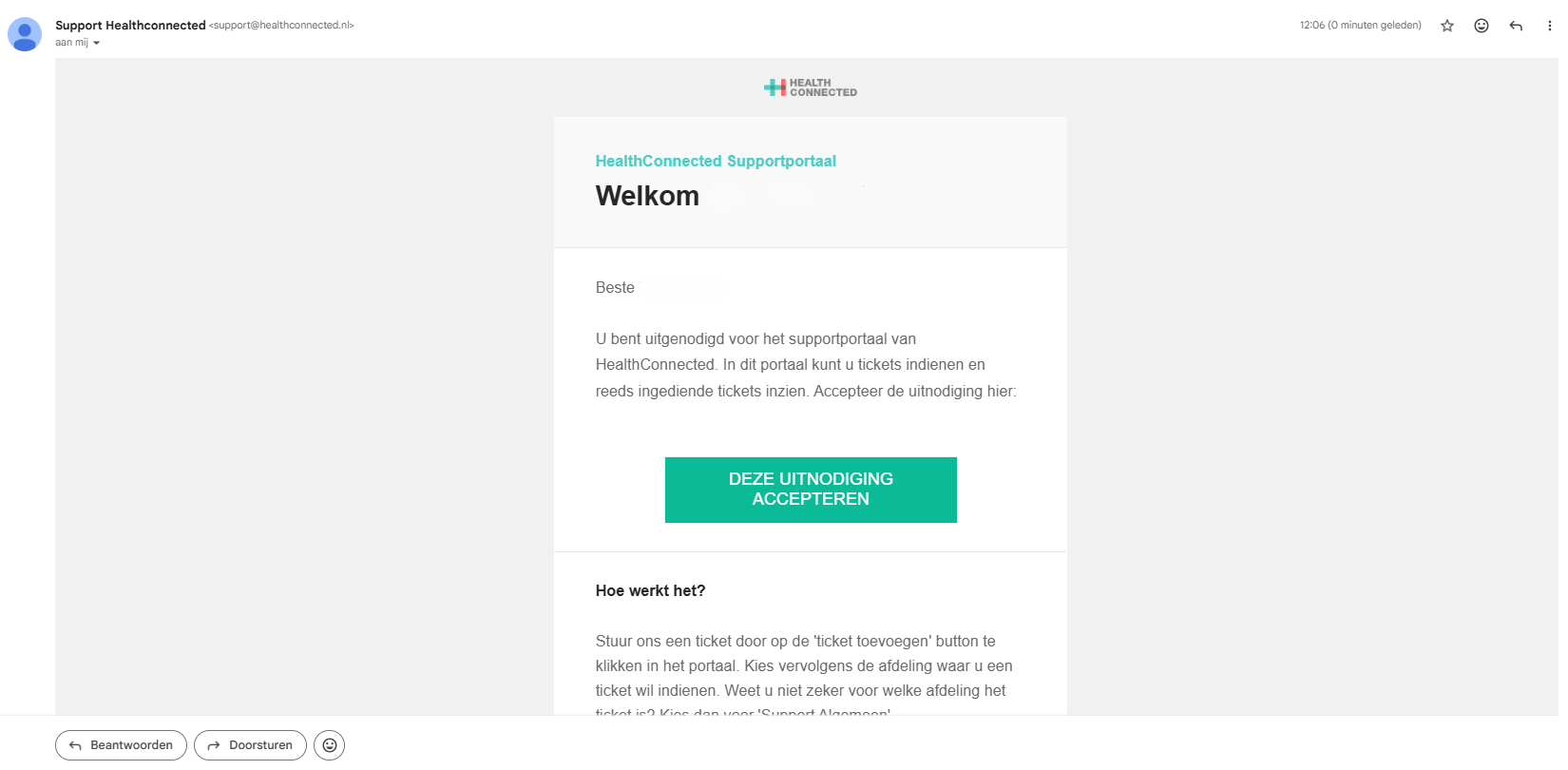 Voorbeeld van een e-mail met een uitnodiging om toegang te krijgen tot het online supportportaal.